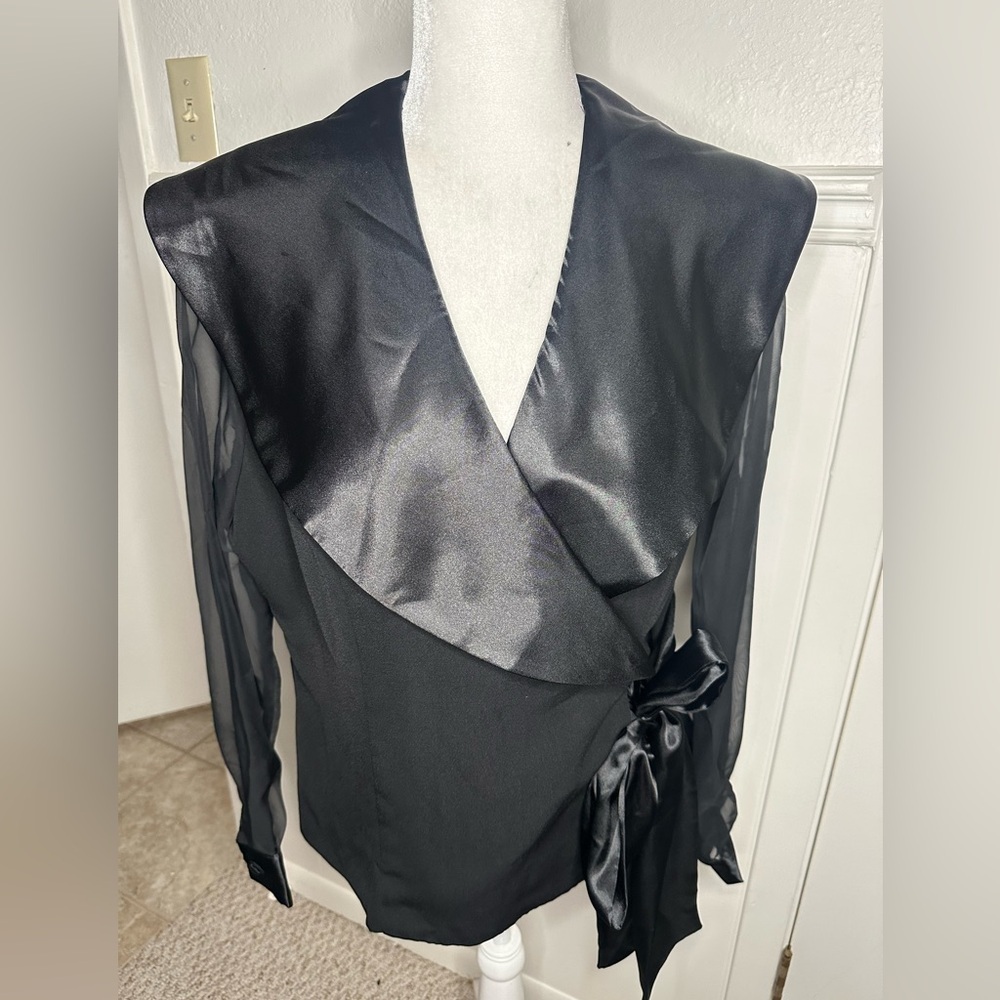 Willow Ridge Black Satin Blouse with organza sleeves, size 14